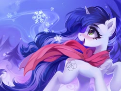 Size: 3000x2250 | Tagged: safe, artist:share dast, oc, oc only, oc:muffinkarton, species:pony, species:unicorn, abstract background, blushing, chest fluff, clothing, ear fluff, female, looking back, mare, scarf, snow, solo