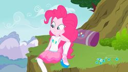 Size: 1600x900 | Tagged: safe, artist:crystal-ice9201, artist:marcorois, artist:techrainbow, editor:slayerbvc, character:pinkie pie, my little pony:equestria girls, cliff, clothing, duffle bag, female, flower, hand on cheek, looking down, sitting, solo, spread legs, spreading, stockings, thigh highs