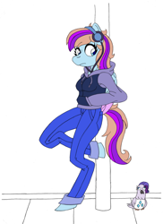 Size: 1300x1789 | Tagged: safe, alternate version, artist:supra80, character:rarity, oc, oc:bittersweet, species:anthro, species:bird, species:pegasus, species:pony, species:unguligrade anthro, clothing, female, headphones, hoodie, jeans, pants, photoshop, pigeon, solo, wip