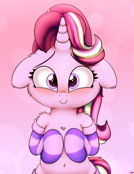 Size: 2050x2650 | Tagged: safe, artist:heavymetalbronyyeah, character:starlight glimmer, species:pony, species:unicorn, blushing, cheek fluff, chest fluff, clothing, cute, ear fluff, female, floppy ears, glimmerbetes, high res, hooves to the chest, looking at you, mare, pink background, shoulder fluff, simple background, socks, solo, striped socks