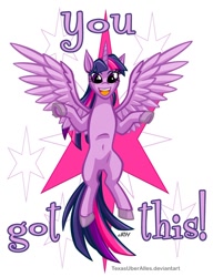Size: 720x937 | Tagged: safe, alternate version, artist:texasuberalles, character:twilight sparkle, character:twilight sparkle (alicorn), species:alicorn, species:pony, colored hooves, cutie mark background, dock, female, flying, frog (hoof), looking at you, mare, positive ponies, simple background, solo, underhoof, white background, you got this