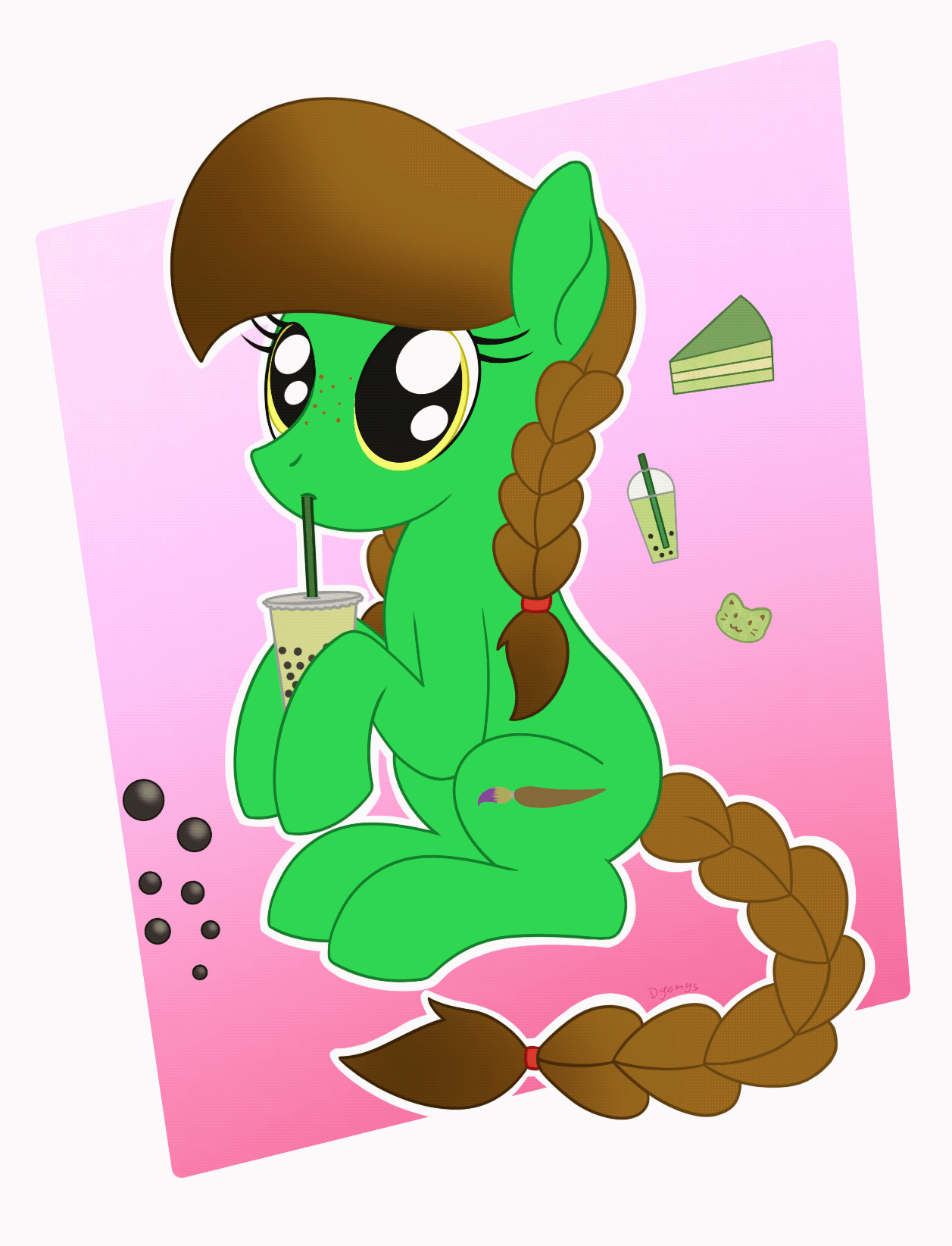 Size: 1257x1645 | Tagged: safe, artist:dyonys, oc, oc only, oc:lucky brush, species:earth pony, species:pony, animated, apple, big eyes, big pupils, braid, bubble tea, cake, cute, female, food, freckles, holding, mare, ocbetes, show accurate, sitting, solo, straw, strawberry