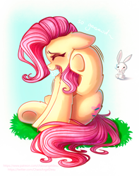 Size: 1000x1269 | Tagged: safe, artist:chaosangeldesu, character:angel bunny, character:fluttershy, species:pony, behaving like a cat, chest fluff, cute, duo, ear scratch, eyes closed, female, floppy ears, leg fluff, mare, open mouth, profile, shyabetes, sitting, sweat, sweatdrop, tongue out, underhoof