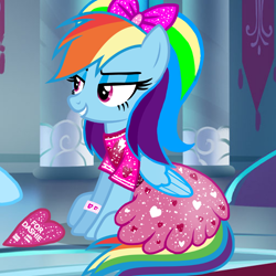 Size: 1000x1000 | Tagged: safe, artist:cencerberon, artist:katya, edit, editor:katya, character:rainbow dash, species:pegasus, species:pony, episode:hearts and hooves day, g4, my little pony: friendship is magic, alternate hairstyle, badge, bow, bracelet, clothing, dress, female, hair bow, heart, holiday, hoof hold, jewelry, lidded eyes, pink dress, present, rainbow dash always dresses in style, sexy, show accurate, sitting, smiling, smirk, solo, stupid sexy rainbow dash, valentine, valentine's day, valentine's day card