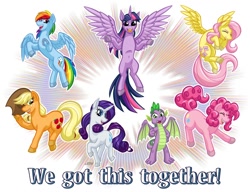 Size: 1280x984 | Tagged: safe, artist:texasuberalles, part of a set, character:applejack, character:fluttershy, character:pinkie pie, character:rainbow dash, character:rarity, character:spike, character:twilight sparkle, character:twilight sparkle (alicorn), species:alicorn, species:dragon, species:earth pony, species:pegasus, species:pony, species:unicorn, clothing, colored hooves, cowboy hat, eyes closed, female, flying, hat, hoof hold, looking at you, male, mane seven, mane six, mare, smiling, thumbs up, underhoof, unshorn fetlocks, we got this together, winged spike