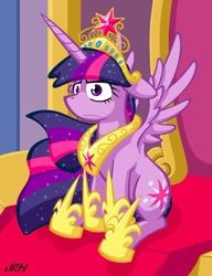 Size: 720x937 | Tagged: safe, artist:texasuberalles, character:twilight sparkle, character:twilight sparkle (alicorn), species:alicorn, species:pony, big crown thingy, crown, element of magic, female, floppy ears, jewelry, loose fitting clothes, mare, princess, regalia, solo, throne, twilight is not amused, unamused