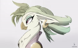 Size: 2400x1500 | Tagged: safe, artist:zidanemina, character:captain celaeno, species:anthro, my little pony: the movie (2017), alternate hairstyle, beauty mark, color, ear piercing, earring, feather, female, jewelry, parrot pirates, piercing, pirate, profile, simple background, smiling, solo, white background