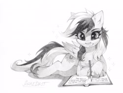 Size: 2048x1558 | Tagged: safe, artist:share dast, oc, oc only, oc:uma stale, species:pegasus, species:pony, book, cloven hooves, monochrome, pegasus oc, pencil, pencil drawing, traditional art, writing