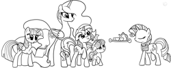 Size: 2000x800 | Tagged: safe, artist:nimaru, character:princess celestia, character:rarity, character:starlight glimmer, character:sunset shimmer, character:twilight sparkle, character:twilight sparkle (alicorn), species:alicorn, species:pony, species:unicorn, black and white, book, female, filly, filly starlight glimmer, grayscale, monochrome, teapot, tongue out, tray, younger