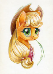 Size: 999x1397 | Tagged: safe, artist:maytee, character:applejack, species:earth pony, species:pony, bust, colored pencil drawing, female, neckerchief, portrait, solo, straw, straw in mouth, traditional art