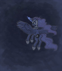 Size: 1300x1486 | Tagged: safe, artist:maytee, character:princess luna, species:alicorn, species:pony, armor, female, flying, glowing horn, helmet, horn, magic, mare, solo, space
