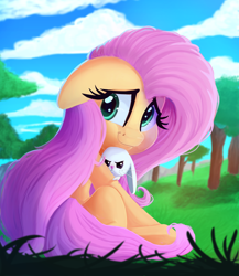 Size: 1734x2000 | Tagged: safe, artist:discorded, character:angel bunny, character:fluttershy, species:pony, angry, cute, digital art, female, floppy ears, hnnng, mare, shyabetes, smiling, tree