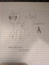 Size: 960x1280 | Tagged: safe, artist:nightshadowmlp, oc, oc only, oc:night shadow, species:pony, species:unicorn, lined paper, raised hoof, smiling, solo, text, traditional art