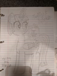 Size: 960x1280 | Tagged: safe, artist:nightshadowmlp, character:twilight sparkle, character:twilight sparkle (alicorn), species:alicorn, species:pony, book, female, glowing horn, horn, lined paper, mare, solo, text, traditional art
