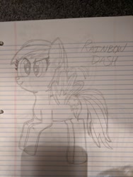 Size: 960x1280 | Tagged: safe, artist:nightshadowmlp, character:rainbow dash, species:pegasus, species:pony, female, flying, lined paper, mare, solo, text, traditional art
