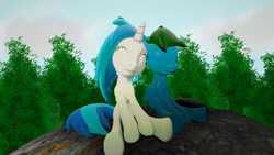 Size: 3840x2160 | Tagged: safe, artist:agkandphotomaker2000, character:dj pon-3, character:vinyl scratch, oc, oc:pony video maker, species:pony, 3d, 3d mixed with drawing, canon x oc, forest, rock, sitting, source filmmaker, tree, videoscratch