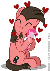 Size: 4200x6000 | Tagged: safe, artist:mrkat7214, character:pinkie pie, oc, oc:ace play, species:earth pony, species:pony, absurd resolution, canon x oc, cute, facial hair, female, goatee, heart, hug, male, mare, pinkieplay, plushie, shipping, simple background, sitting, solo, stallion, straight, transparent background, vector