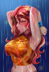 Size: 800x1167 | Tagged: safe, artist:tzc, character:sunset shimmer, species:human, episode:let it rain, g4, my little pony: equestria girls, my little pony:equestria girls, spoiler:eqg series (season 2), anime, armpits, beautiful, breasts, busty sunset shimmer, clothing, cute, digital art, eyes closed, female, human coloration, humanized, rain, scene interpretation, shimmerbetes, smiling, solo, wet, wet clothes