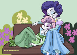 Size: 1169x827 | Tagged: safe, artist:art-2u, character:rarity, character:sweetie belle, my little pony:equestria girls, bench, boots, clothing, crossover, cute, diasweetes, disney, dress, female, high heel boots, high heels, jewelry, necklace, princess aurora, raribetes, shoes, siblings, sisterly love, sisters, sleeping, sleeping beauty, sleepy belle