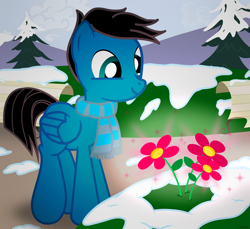 Size: 3600x3300 | Tagged: safe, artist:agkandphotomaker2000, oc, oc:pony video maker, species:pegasus, species:pony, bench, blooming flowers, clothing, flower, pine tree, scarf, snow, spring, transition, tree, winter