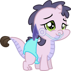 Size: 557x560 | Tagged: safe, artist:starryoak, oc, oc:miracle, parent:rarity, parent:spike, parents:sparity, species:dracony, baby, breathing tube, diaper, hybrid, interspecies offspring, offspring, sickly, simple background, solo, transparent background