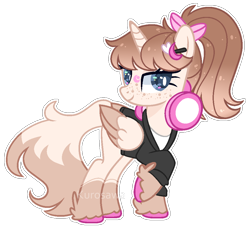 Size: 1022x926 | Tagged: safe, artist:firespark51, artist:kurosawakuro, base used, oc, oc only, species:alicorn, species:pony, alicorn oc, bow, clothing, female, freckles, hair bow, headphones, hoodie, mare, ponytail, simple background, solo, transparent background, unshorn fetlocks, white outline
