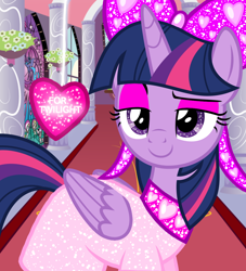 Size: 1000x1100 | Tagged: safe, artist:katya, artist:sketchmcreations, edit, editor:katya, character:twilight sparkle, character:twilight sparkle (alicorn), species:alicorn, species:pony, episode:hearts and hooves day, g4, my little pony: friendship is magic, canterlot castle, clothing, dress, female, glow, heart, holiday, solo, sparkles, valentine's day