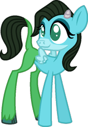 Size: 459x664 | Tagged: safe, artist:starryoak, oc, oc only, oc:bashful bluebelle, parent:fluttershy, parent:iron will, parents:ironshy, miracleverse, female, filly, horns, hybrid, interspecies offspring, no pupils, offspring, simple background, solo, transparent background