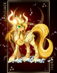 Size: 3928x5000 | Tagged: safe, artist:zidanemina, part of a set, character:applejack, species:earth pony, species:pony, armor, crossover, digital art, female, gold cloth, gold saint, helmet, mare, part of a series, saint seiya, smiling, solo