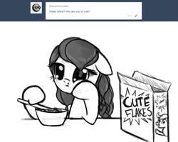 Size: 999x800 | Tagged: safe, artist:nimaru, oc, oc:winter willow, species:pony, ask, bowl, cereal, corn flakes, eating, female, food, mare, monochrome, solo, spoon
