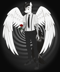 Size: 2439x2921 | Tagged: safe, artist:dyonys, oc, oc:motionless white, species:anthro, species:pegasus, species:pony, boots, chris cerulli, clothing, crying, ear piercing, flower, male, motionless in white, necktie, pants, piercing, ring, rose, sad, shirt, shoes, solo, standing