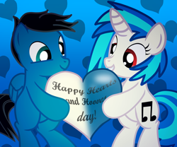 Size: 3974x3300 | Tagged: safe, artist:agkandphotomaker2000, character:dj pon-3, character:vinyl scratch, oc, oc:pony video maker, species:pegasus, species:pony, species:unicorn, episode:hearts and hooves day, g4, my little pony: friendship is magic, canon x oc, heart, holding, holiday, valentine's day, videoscratch