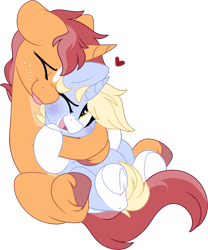 Size: 1617x1943 | Tagged: safe, artist:mulberrytarthorse, oc, oc only, oc:game guard, oc:nootaz, species:pony, art trade, chubby, couple, cute, duo, female, holiday, hug, male, mare, simple background, stallion, transparent background, valentine, valentine's day