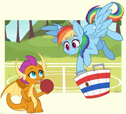 Size: 1200x1084 | Tagged: safe, artist:higgly-chan, character:rainbow dash, character:smolder, species:dragon, species:pegasus, species:pony, basket, buckball, buckbasket, bushel basket, cute, dragoness, duo, female, flying, looking at each other, mare, open mouth, outdoors, sitting, smiling, smolderbetes, spread wings, wings