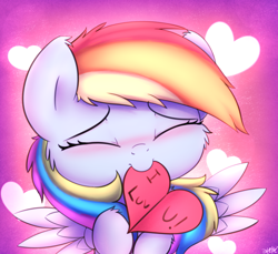 Size: 2300x2111 | Tagged: safe, artist:heavymetalbronyyeah, character:rainbow dash, species:pegasus, species:pony, blushing, bronybait, bust, cheek fluff, cute, dashabetes, ear fluff, eyes closed, female, heart, high res, hnnng, holiday, leg fluff, mare, smiling, solo, tomboy, valentine's day, valentine's day card