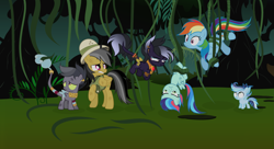 Size: 4249x2318 | Tagged: safe, artist:velveagicsentryyt, base used, character:daring do, character:rainbow dash, oc, oc:crystalis do, oc:kinglis, oc:prisdale, oc:rainbow blitzes, parent:ahuizotl, parent:daring do, parent:rainbow dash, parent:soarin', parents:darizotl, parents:soarindash, species:pegasus, species:pony, colt, female, filly, high res, hybrid, interspecies offspring, male, offspring, upside down, vine