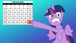 Size: 1214x683 | Tagged: safe, artist:pink1ejack, edit, character:twilight sparkle, character:twilight sparkle (alicorn), species:alicorn, species:pony, anonymous editor, calender, february, female, gradient background, leap day, leap year, panicking, pointing, solo