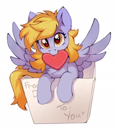 Size: 1841x2048 | Tagged: safe, artist:share dast, character:derpy hooves, species:pegasus, species:pony, box, cute, derpabetes, female, looking at you, mare, mouth hold, pony in a box, smiling, solo, spread wings, wings