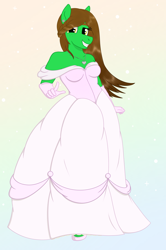 Size: 1872x2818 | Tagged: safe, artist:dyonys, oc, oc:lucky brush, species:anthro, species:earth pony, species:pony, clothing, dress, female, freckles, gloves, jewelry, locket, looking at you, necklace, simple background, smiling