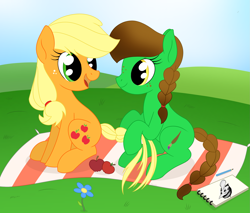 Size: 2151x1832 | Tagged: safe, artist:dyonys, character:applejack, oc, oc:lucky brush, species:earth pony, species:pony, apple, braid, flower, food, freckles, looking at each other, open mouth, pencil, show accurate, sitting, sketchbook