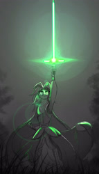 Size: 3000x5236 | Tagged: safe, artist:zidanemina, character:captain celaeno, species:anthro, my little pony: the movie (2017), armpits, avian, black background, crossguard lightsaber, crossover, female, jedi, lens flare, lightsaber, simple background, sketch, solo, star wars, sword, weapon