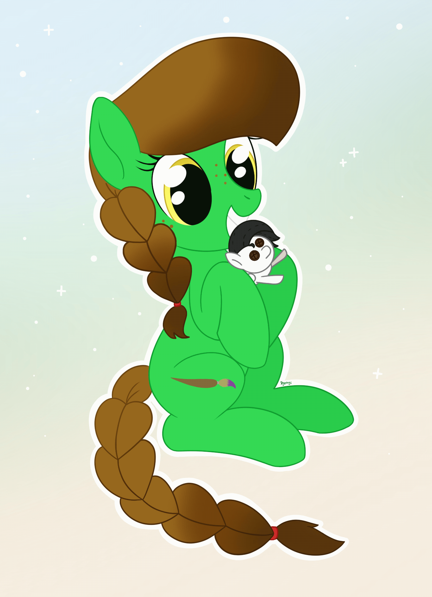 Size: 1377x1903 | Tagged: safe, artist:dyonys, oc, oc:lucky brush, oc:motionless white, species:earth pony, species:pegasus, species:pony, animated, big eyes, braid, cute, eye shimmer, female, gif, holding, mare, ocbetes, plushie, show accurate, sitting, smiling