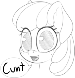 Size: 680x703 | Tagged: safe, artist:zippysqrl, character:apple bloom, species:pony, bust, cunt, dialogue, female, filly, freckles, grayscale, looking at you, monochrome, sketch, solo, speech bubble, vulgar