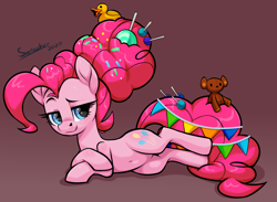 Size: 2718x1992 | Tagged: safe, artist:moonseeker, character:pinkie pie, species:earth pony, species:pony, episode:the last problem, g4, my little pony: friendship is magic, belly button, candy, candy in hair, confetti, female, food, lollipop, looking at you, mare, older, older pinkie pie, rubber duck, solo, teddy bear