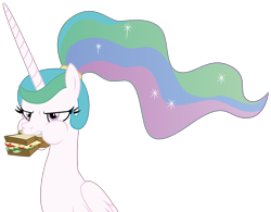 Size: 9396x7330 | Tagged: safe, artist:dragonchaser123, base used, character:princess celestia, species:alicorn, species:pony, episode:between dark and dawn, g4, my little pony: friendship is magic, absurd resolution, alternate hairstyle, angry eating, eating, female, food, mare, missing accessory, ponytail, sandwich, simple background, solo, transparent background