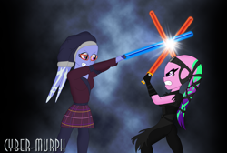 Size: 3000x2016 | Tagged: safe, artist:cyber-murph, character:aria blaze, character:sugarcoat, my little pony:equestria girls, commission, crossover, glasses, headgear, jedi, lightsaber, signature, sith, species swap, star wars, twi'lek, weapon