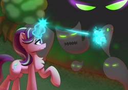 Size: 2267x1596 | Tagged: safe, artist:puetsua, character:starlight glimmer, species:pony, species:unicorn, chest fluff, context in description, dark dream, female, ghost, glowing horn, horn, lidded eyes, magic, mare, raised hoof, shooting, tree, undead, video game
