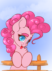 Size: 2000x2750 | Tagged: safe, artist:skitsroom, character:pinkie pie, species:earth pony, species:pony, chest fluff, cute, diapinkes, female, fence, looking at you, solo, tongue out