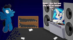 Size: 6000x3300 | Tagged: safe, artist:agkandphotomaker2000, character:dj pon-3, character:vinyl scratch, oc, oc:pony video maker, species:pegasus, species:pony, species:unicorn, against wall, canon x oc, dj booth, embarrassed, headphones, implied bass drop, paper, shelf, shocked expression, video tape, videoscratch, vinyl disc, wall damage