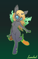 Size: 1464x2253 | Tagged: safe, artist:lunebat, patreon reward, oc, oc only, species:anthro, species:changeling, species:pony, species:unguligrade anthro, breasts, changeling oc, changeling queen, changeling queen oc, featureless breasts, featureless crotch, female, gradient background, mare, patreon, smiley face, solo